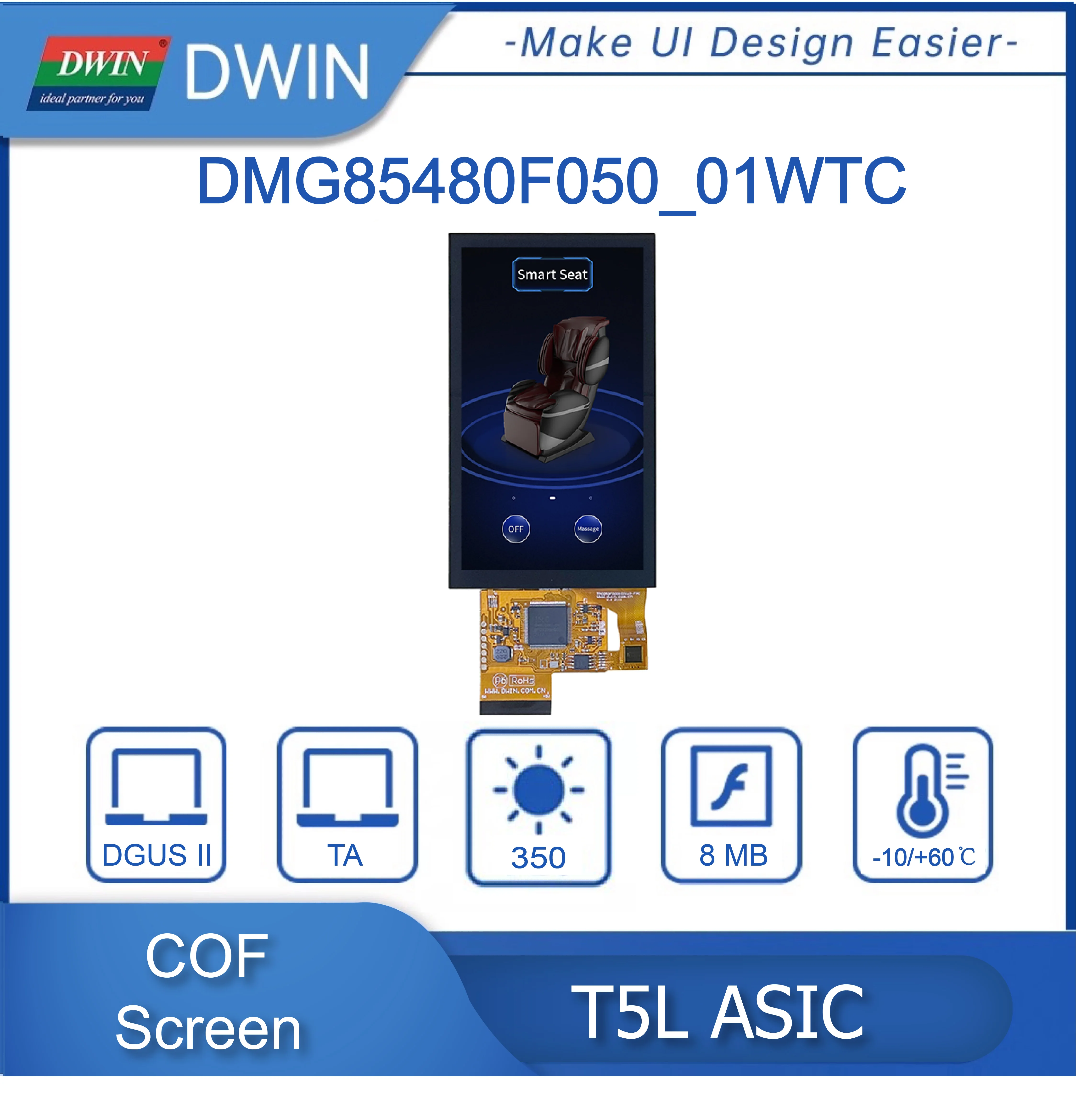 

DWIN 5" 480x854 IPS TFT LCD Display COF Ultra-thin and Ultra-light Capacitive Screen Integrated Touch Panel DMG85480F050_01W