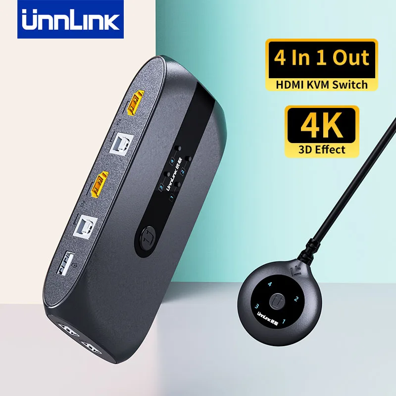 

Unnlink 4K 144Hz 60Hz HDMI KVM Switch 4 Ports Video Switcher with Controller for 4 Computers Share 4 USB Mouse Keyboard Monitor