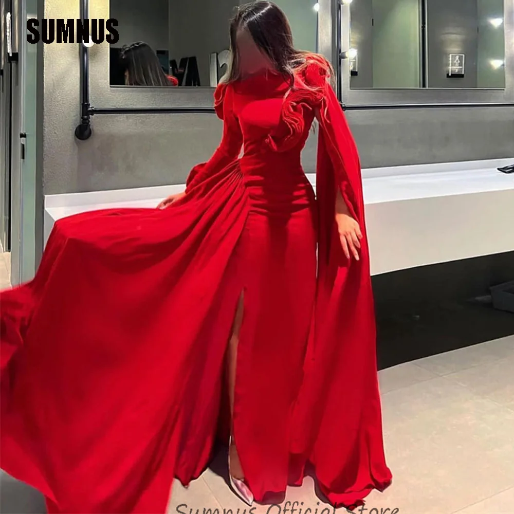 SUMNUS Vintage Red Mermaid Evening Dress Ruffles Long Sleeves Saudi Arabic Prom Party Dress Skirt Dubai Formal Gown