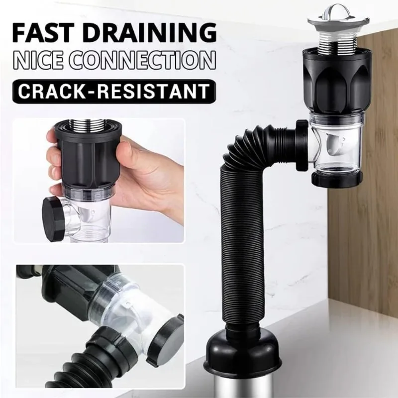 Sink Downpipe Washbasin Cross Drain Downpipe Retractable Deodorising Strainer Bathroom Sinks Anti Clogging Kitchen Accessories