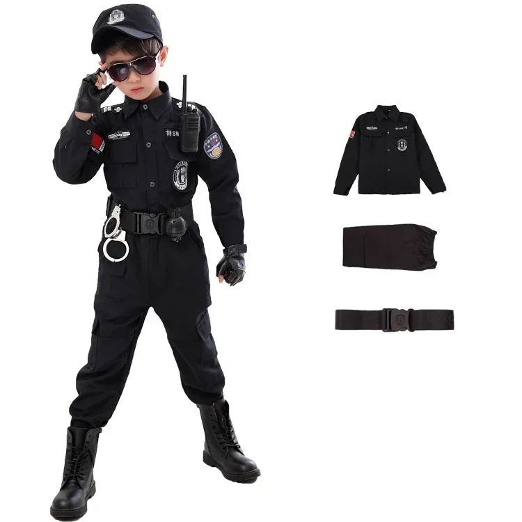Kids Cosplay Costume Costumes de policier du SWAT pour enfants uniforme de police carnaval pour enfants arm&eacute;e policier soldat Hallo