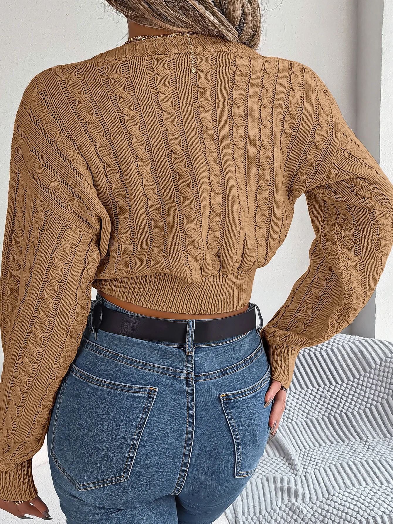 Women Casual V Neck Sweater Lantern Sleeve Knit Top