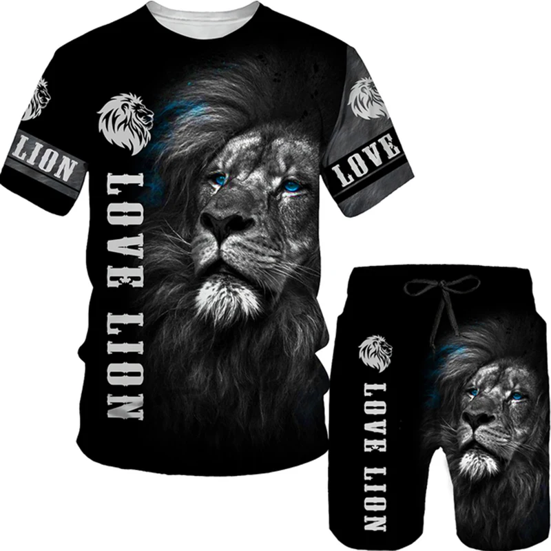 

3D LOVE LION printed men's short sleeved shorts set retro street wear T-shirt hip-hop casual O-neck T shirts summer sportshirt