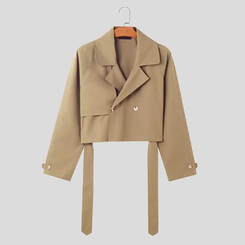 Outdoors Cropped Windbreaker Jacket Retro Style Lapel Long Sleeve Single Breasted Windbreaker With Belt Fashion Men's Clothing