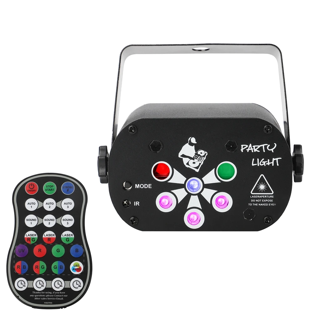 

Party Lights DJ Disco Stage Laser Projector RGB Sound Activated Disco Strobe Lighting with Remote Control Wedding Birthday Lamp
