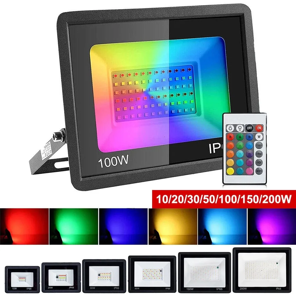 RGB LED 투광등 10W/30W/50W/100W IP65 방수 야외 색상 변경 스포트라이트 (정원 파티 무대 건물용)
