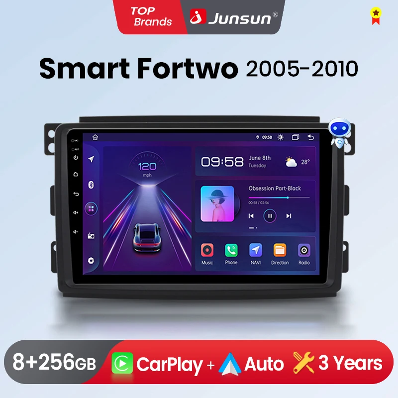 Radio de coche Junsun con CarPlay inalámbrico y Android Auto para Mercedes Benz Smart Fortwo 451 2005-2010, estéreo multimedia 2 DIN con ventilador de refrigeración integrado, navegación GPS, SWC, Bluetooth, FM, RDS, DSP, pantalla IPS, sistemas inteligentes para coche 1