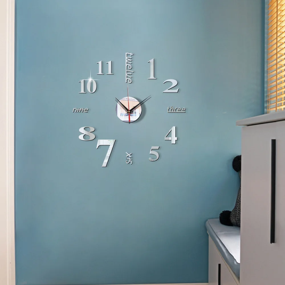 Description Picture 5 of item3D Large Modern Wall Clock Roman Number Quartz Needle Digital Clocks Art Decals Acrylic Mirror Stickers Living Room Home Decor