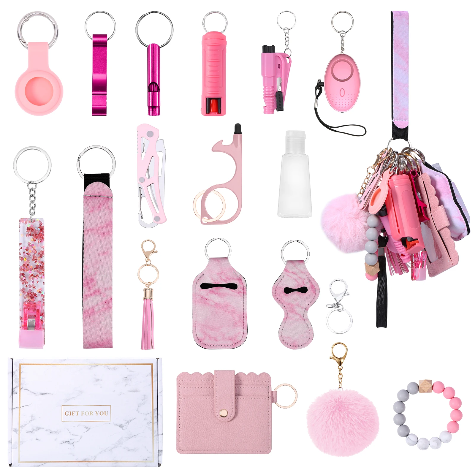 17 In 1 Safety Keychain Set for Women Wristlet Strap Keychain with Personal  Alarm and Pom Pom Accessories Kit Gifts for Girls - AliExpress