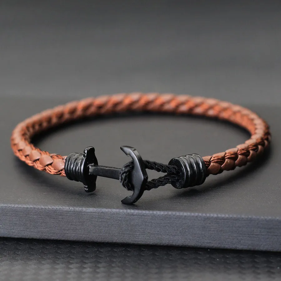 Men Leather Anchor Bracelet Black Punk Bangle
