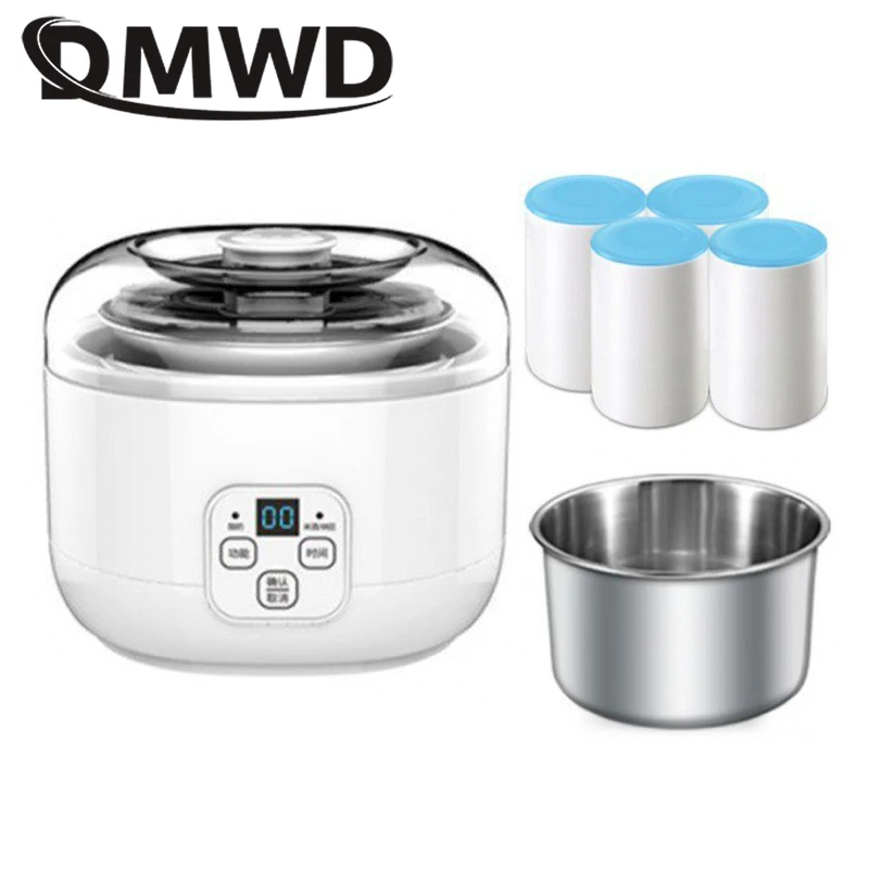 DMWD Automatic Electric Yogurt Maker Multifunction Stainless Steel Leben Container Natto Rice Wine Machine Four Yoghurt Cups 1L