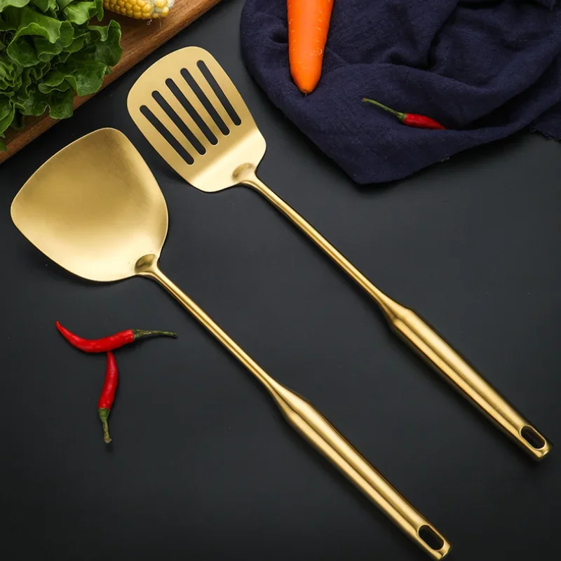 Set 4 Utensili Da Cucina In Acciaio Inox 304: Spatola Wok, Forata, Schiumarola E Mestolo