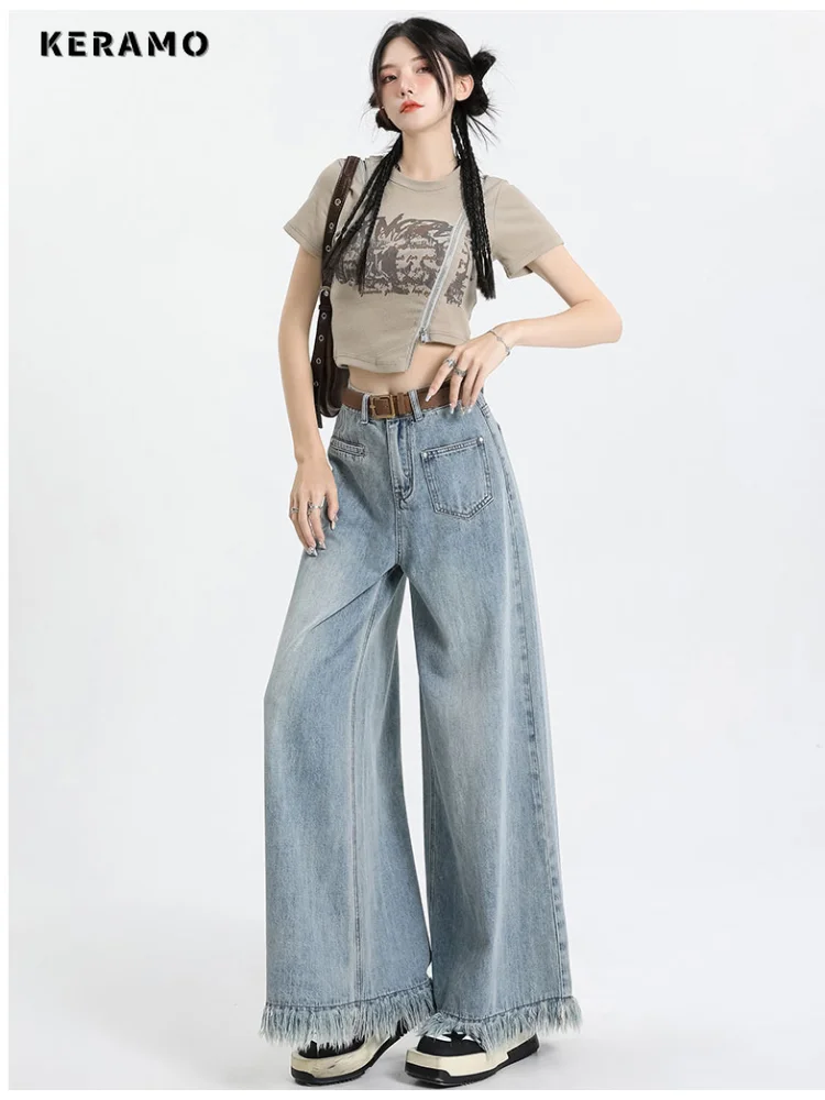 

American Retro High Waist Oversized Jeans Pants For Women Casual Baggy Y2K Wide Leg Grunge Streetwear Blue Tassels Denim Trouser