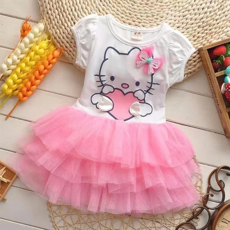 

Kawaii Sanrios Hello Kitty Anime Summer Girl Thin T-Shirt Dress Sweet Girl Princess Skirt Girl Short Sleeve Cartoon Puffy Skirt