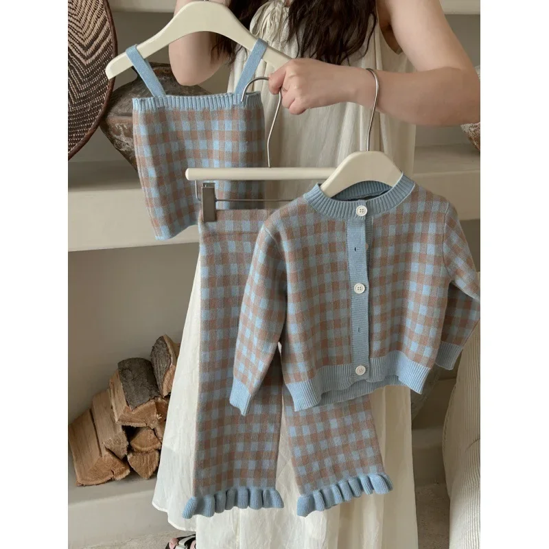 

New Spring Autumn Sets Long Sleeves Single Breasted Blue Plaid Sweater Coat+Sling Overalls+Knitwear Top for Kids Girl 2 to 7Yrs