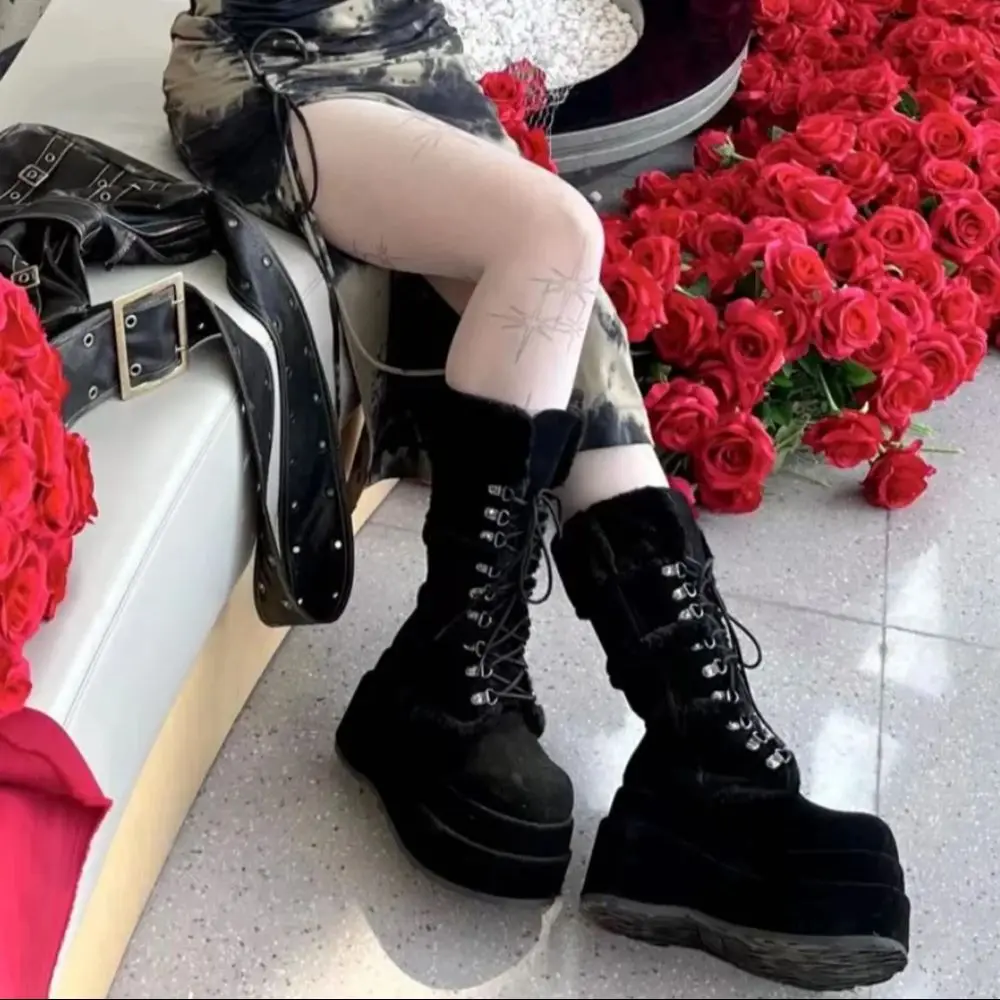 Black Suede Side Zipper Chunky Heel Snow Boots Winter New Gothic Style Casual Boots Round Toe Platfrom Short Plush Wonmen Boots