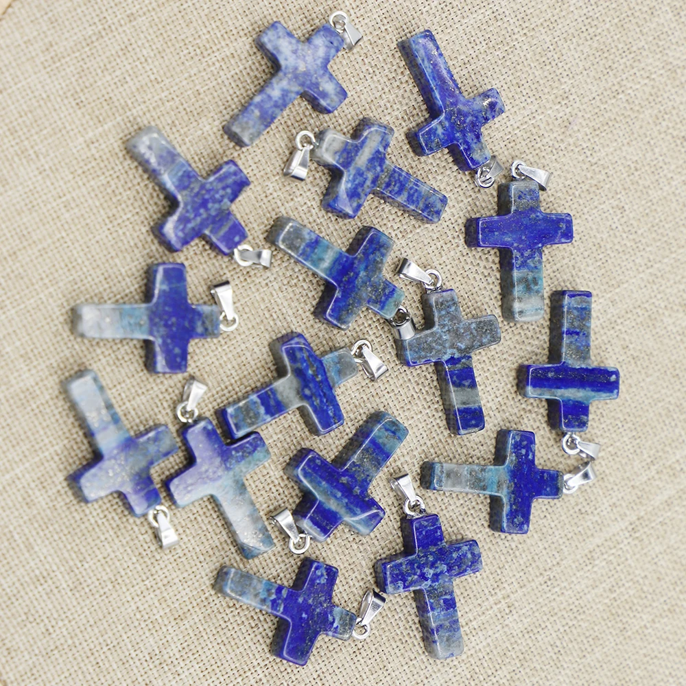 

Free Shipping Natural Raw Ore Lapis Lazuli Cross Necklace Pendant Unisex Hanging Gift DIY Fashion Simple Jewelry Making 12Pc/Lot