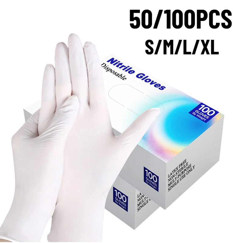 50/100PCS White Nitrile Gloves Disposable Kitchen Cleaning Gloves Food Handling Pet Bathing Household Cleaning Tools