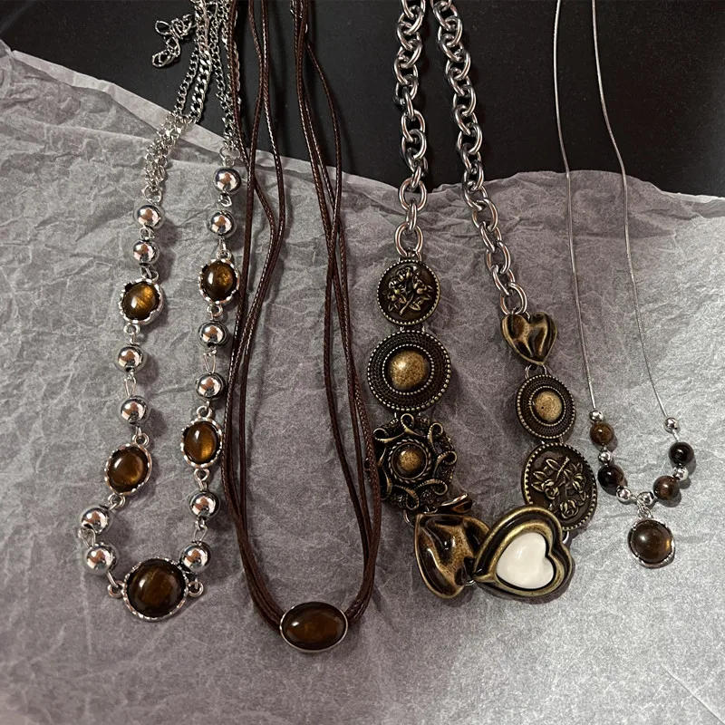 Vintage Leather Brown Stone Pendant Necklace