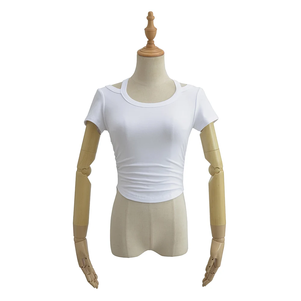 Women Short Sleeve Cropped Cotton T-shirt With Halter Collar And Side Folds Detail