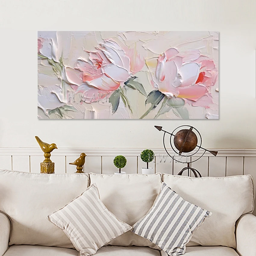 

Pink White Flowers Oil Painting Modern Handpainted Abstract Art Canvas Painting Wall Art Picture for Living Room Artwork