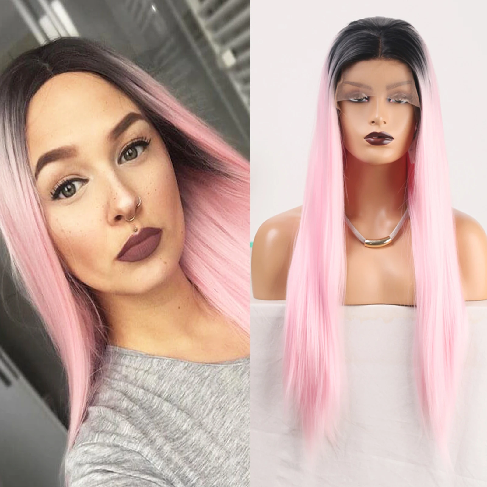 

RONGDUOYI Ombre Light Pink Silky Straight Wigs Middle Part Heat Fiber Synthetic Lace Front Wig for Black Women Cosplay Use Hair