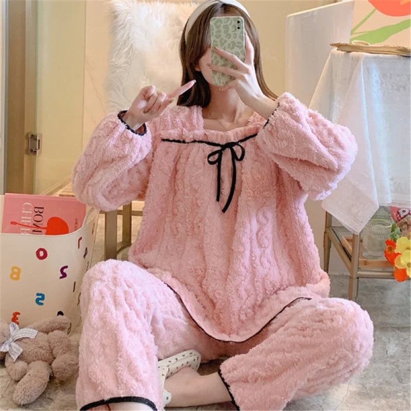Winter new solid color bow ladies pajamas cut flower flannel plush 280g pullover pajamas women's home service 2-piece set