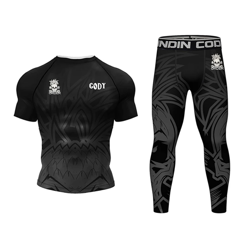 Skull Jiu jitsu Rush Guard MMA Compression T-Shirt Leggings Sets Bjj Gi Boxing Rashguard Men's Grappling Kickboxing Jerseys