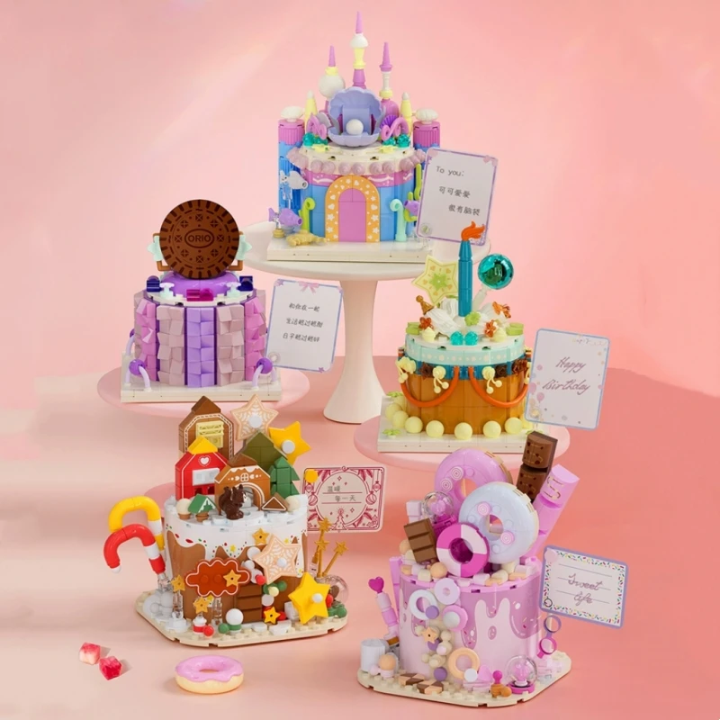 

Birthday Cake Building Block Model Handmade Diy Desktop Ornaments Small Particle Assembly Toys Educational Christmas Gifts