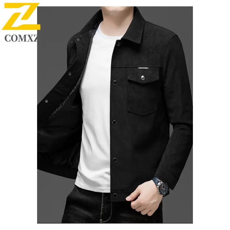 Spring Autumn Men's Suede Work Jacket Waterproof Windproof Lapel Coat Trendy Loose Fit Casual Top Versatile Streetwear New 2025