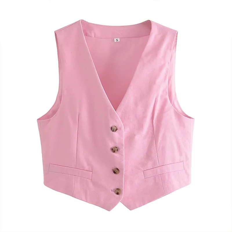 

Summer Women's 2023 New Casual V-Neck Single-Breasted Suit Waistcoat Short Section Linen Tops
