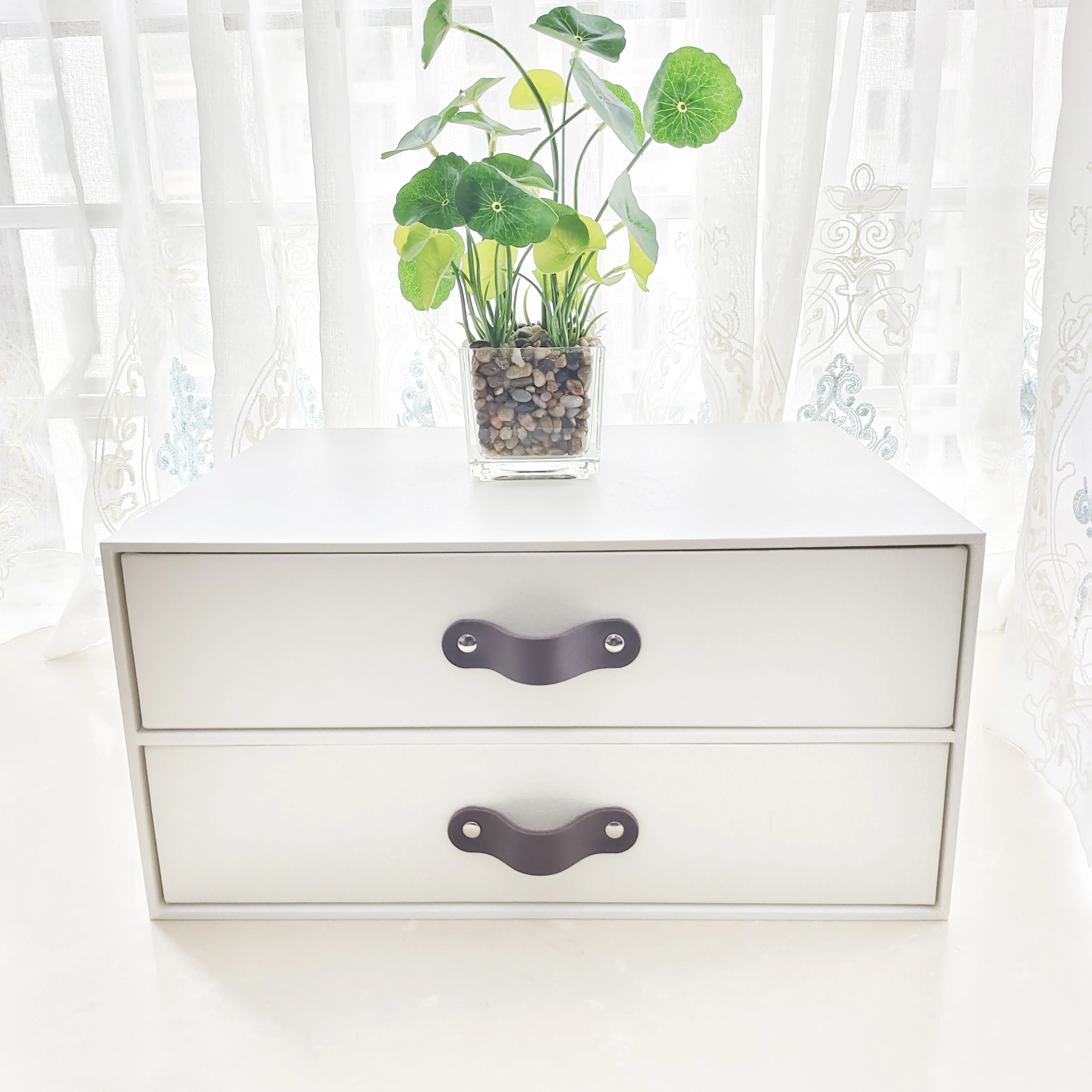 With 2 Drawers Cabinet Cardboard Office Desk Top Organizers Home Storage 2 Layers Cabinet With Leather Handles (1PC)