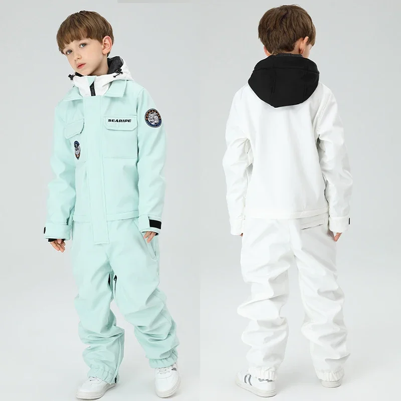 Winter Ski Suit Girls Hooded Windproof Sport Kids Snow Overalls One Piece Outdoor Children Boy Snowboard Pants Costume Clothes