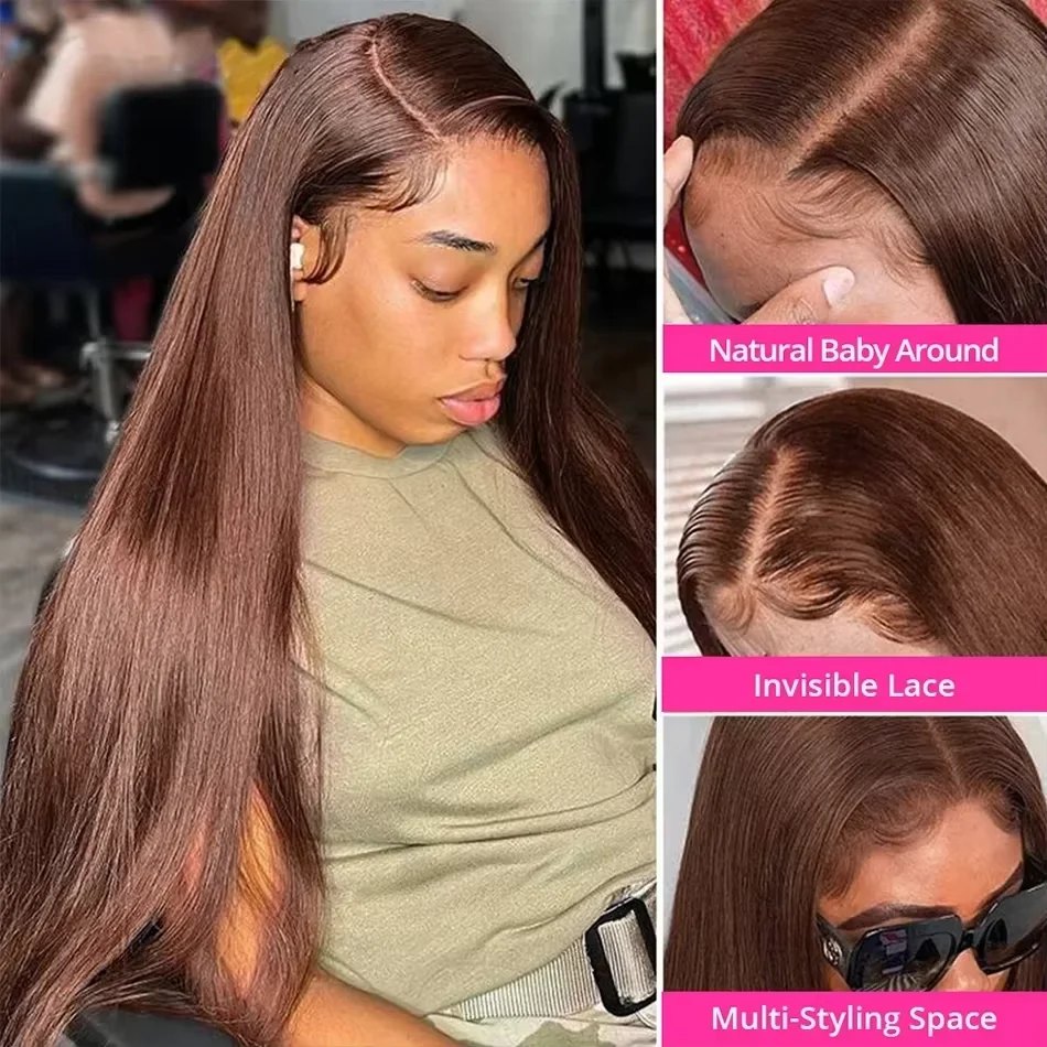 250 Density Straight Lace Front Wig Chocolate Brown Human Hair Wigs 13X6 Hd Lace Frontal Wig Pre plucked Colored Brazilian Hair 3