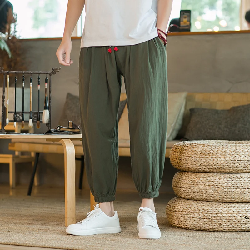Men's Cotton and Hemp Pants M-5XL Spring and Autumn Men's Cotton and Hemp Pants Loose Drawstring Lantern Pants Haren Japanese Casual