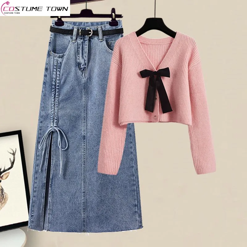 

Oversized Women's Spring Set 2023 New Korean Sweetheart Reduced Age Knitted Sweater Denim Skirt Two Piece Set Fashion