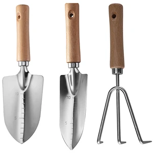 3-Piece The Garden Wooden Handle Small Shovel Silver Steel Includes A Wide Shovel, A Pointed Shovel And A Three-Toothed Rake