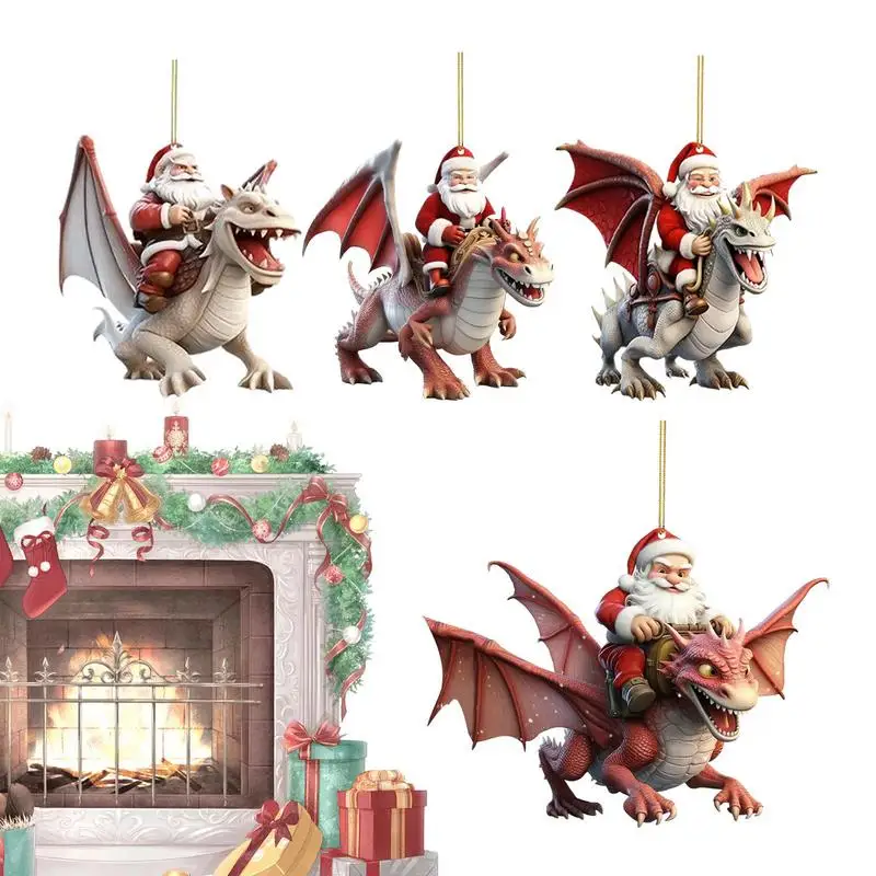 

Santa Ornaments for Christmas Tree Acrylic 2D Dragon Santa Pendant Set of 4 Funny Riding Dragon Santa Festive Hanging Ornament