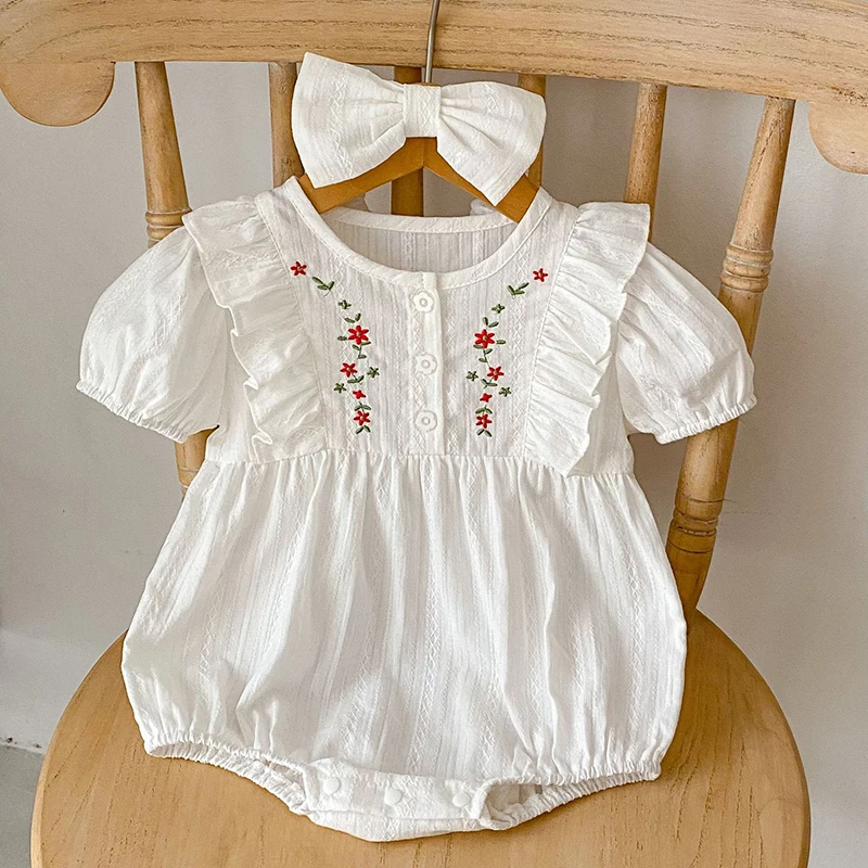 

Newborn Baby Girls Romper+Hair band Infant Baby Girls Jumpsuit Short Sleeved Cotton Flower Embroidery Summer Baby Girls Clothes
