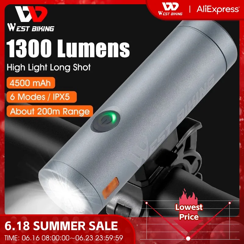 WEST BIKING 1300 Lumens IPX5 Waterproof USB Charging Bike