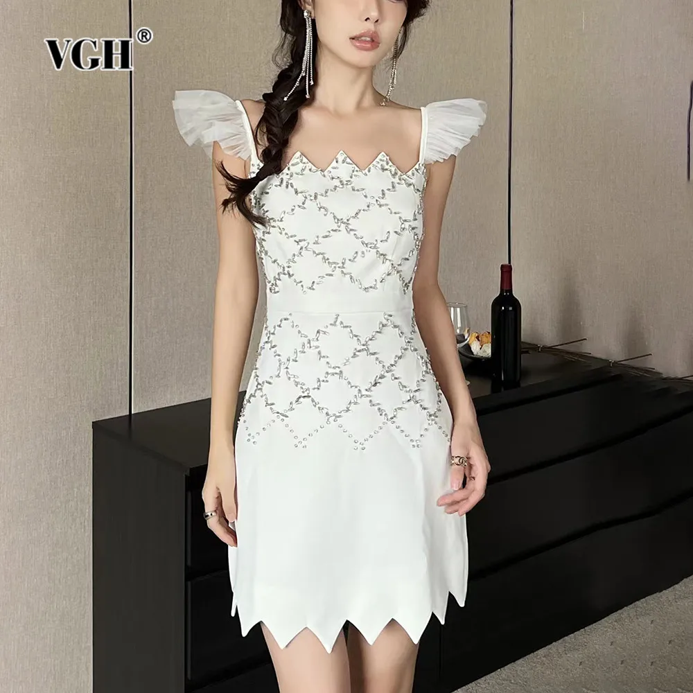 

VGH Solid Patchwork Diamonds Slimming Dress For Women Square Collar Flying Sleeve High Waist Irregular Hem Dresses Female New