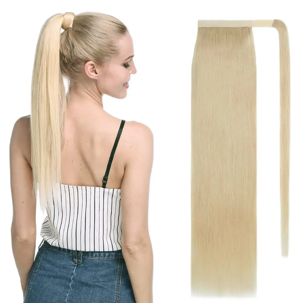 

Ponytail Extension Remy Human Hair Wrap Around Ponytail Highlight Straight #613 Bleach Blonde Ponytail With Clip Women Hairpiece