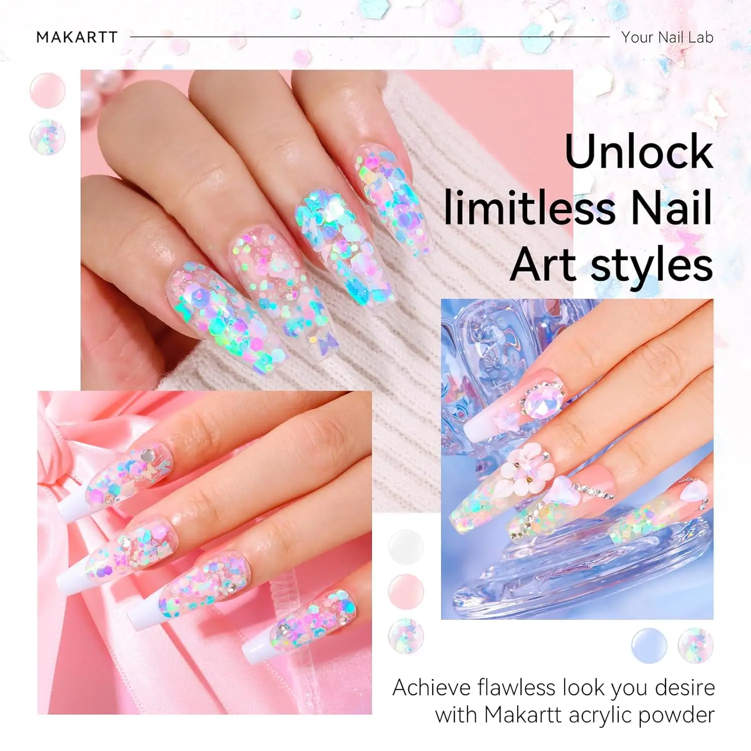 Makartt Acrylic Powder, 2oz Professional Pink Hexagon Glitter Acrylic Nail Powder for Nail Extension 3D Carving Sculpture French 5