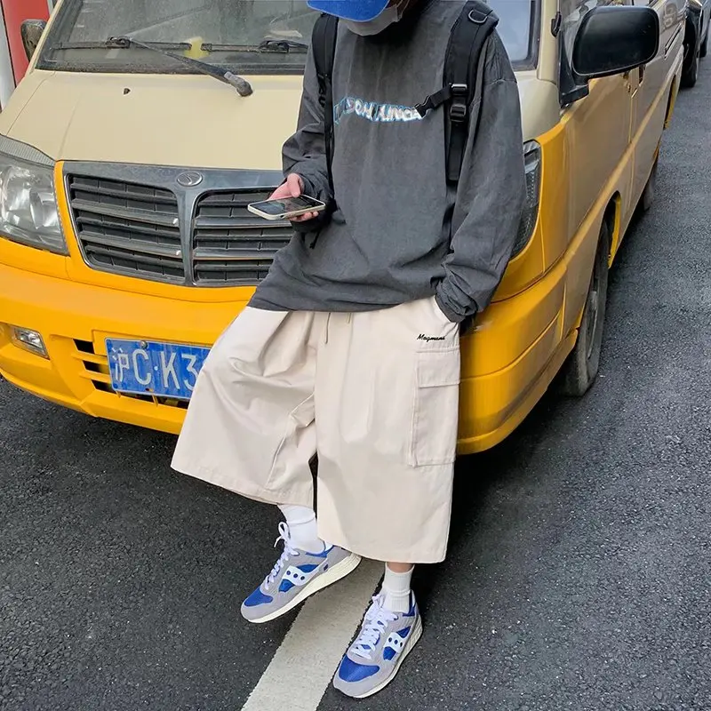 Man Cargo Thin Calf Length Short Pants Coffee Color Streetwear Ins BF Harajuku Loose Straight Pockets Daily Party Holiday Shorts