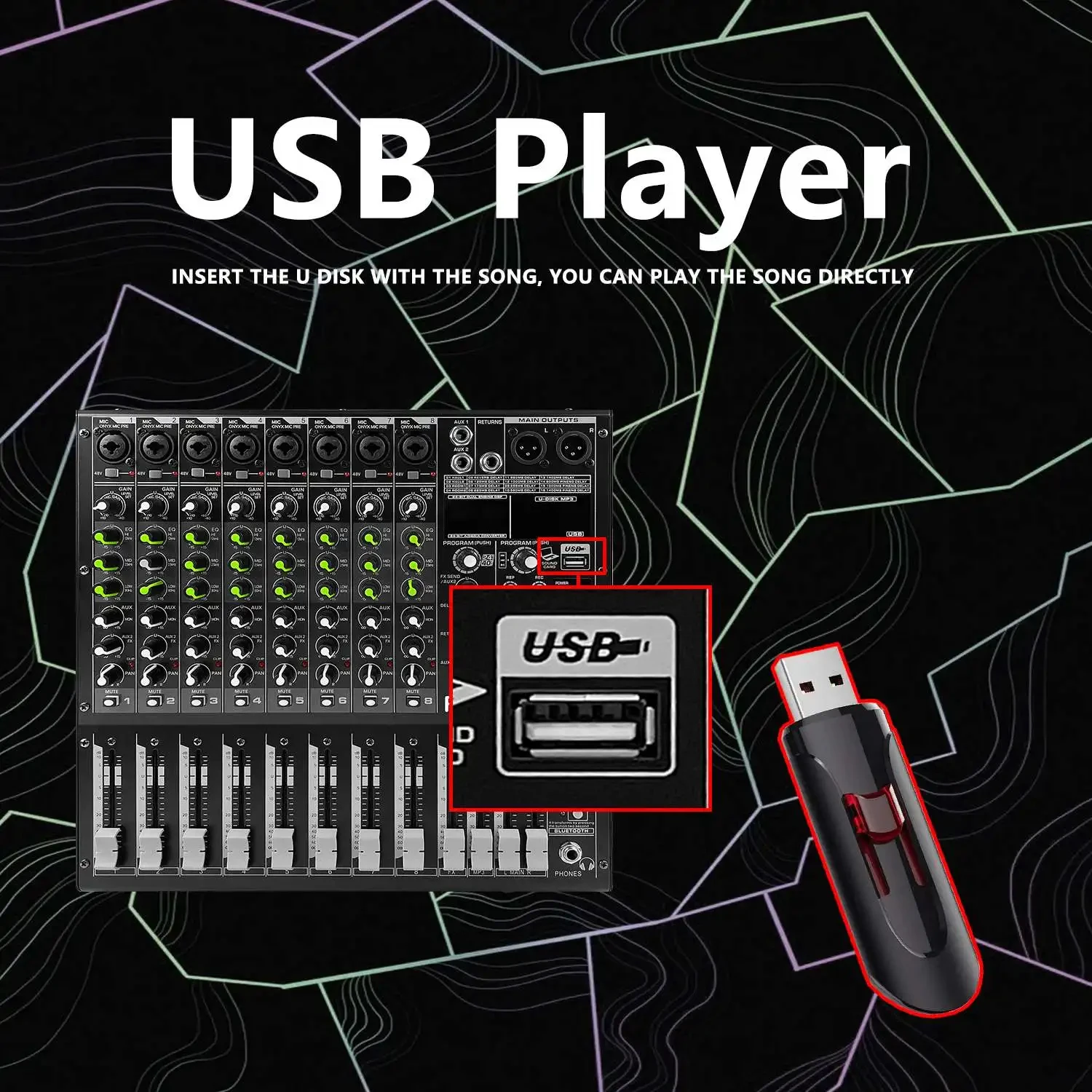 GAX-M8 Pro 8채널 DJ 오디오 믹서 (BT5.0 USB 믹싱 콘솔, 16 DSP 리버브 효과, 가정용 KTV 무대용)