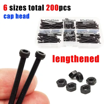 200pcs/box Long M3 Allen Hexagon Hex Socket Head Cap Button Countersunk Flat Thin Screw Bolt Nut Mix Set Kit Black Alloy Steel