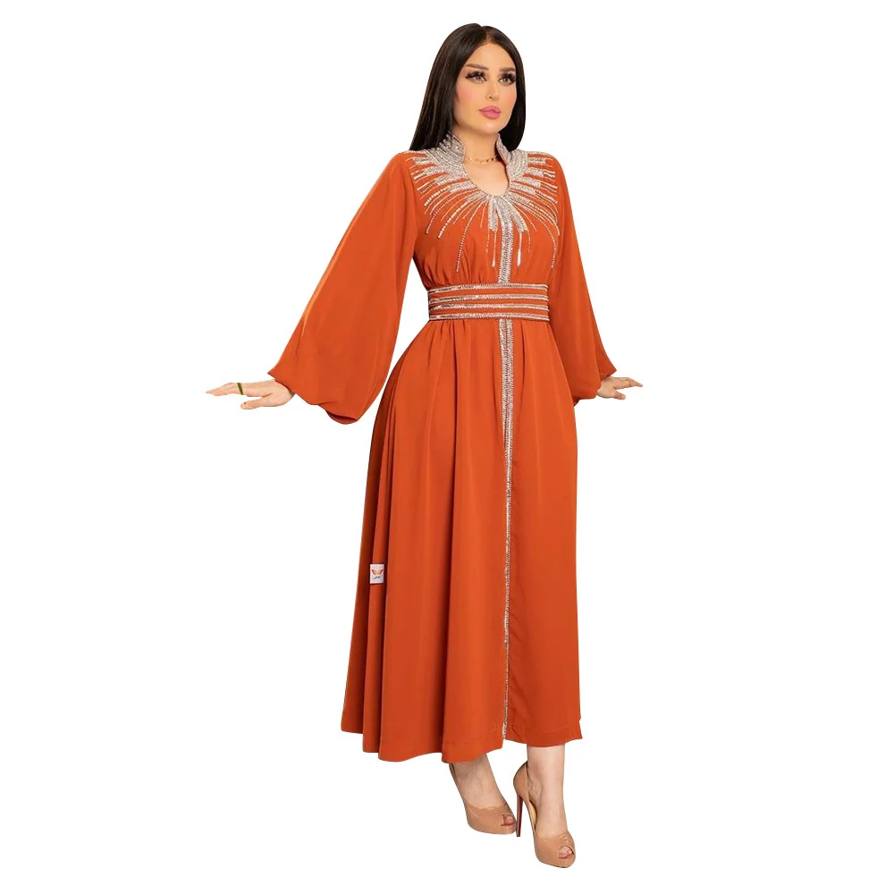 Turkish Abaya For Women Arabian Gown Moroccan Caftan Royal Women Fashion Hot Diamond Chiffon Dress With Belt Elegant  V-neck