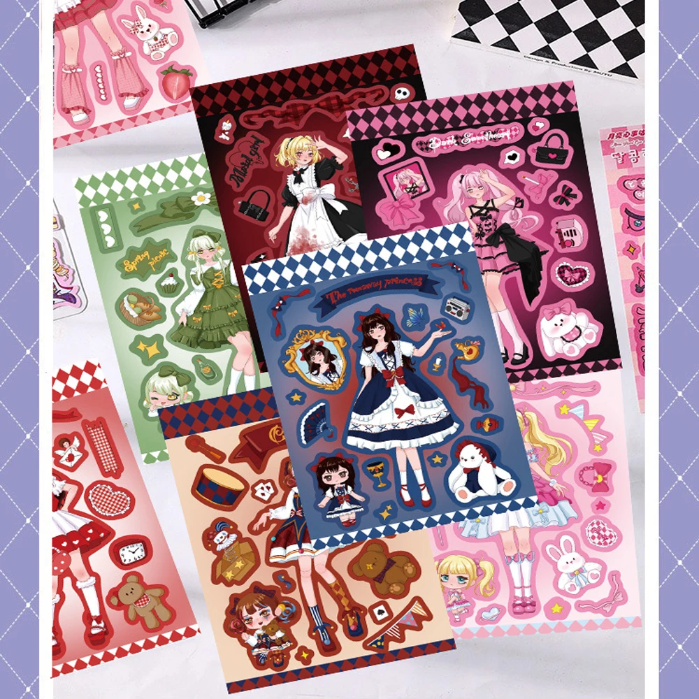 8/16Sheets Cute Lolita Maid Girl Aesthetic Stickers Decals DIY Laptop Scrapbook Phone Suitcase Diary Waterproof Sticker Kids Toy