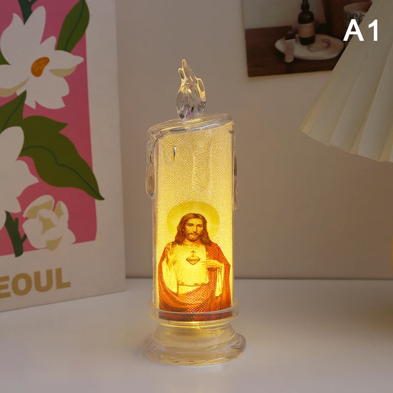 【A-Nice】Jesus Virgin Christ Candle Lamp Romantic Flameless LED Prayer Candle Tea LightDecorative Night Light Desktop Ornament