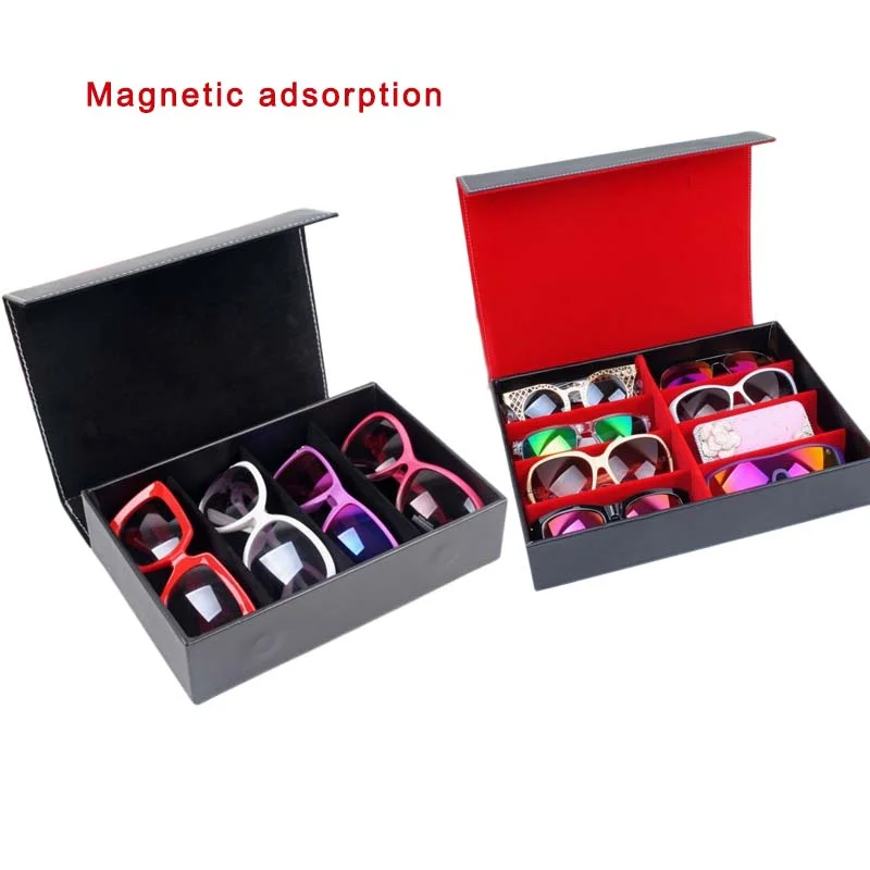 

4/8 Grids Leather Sunglass Organizer Storage Case Glasses Box with Magnet adsorption cover Eyeglasses Display Holder for Travel